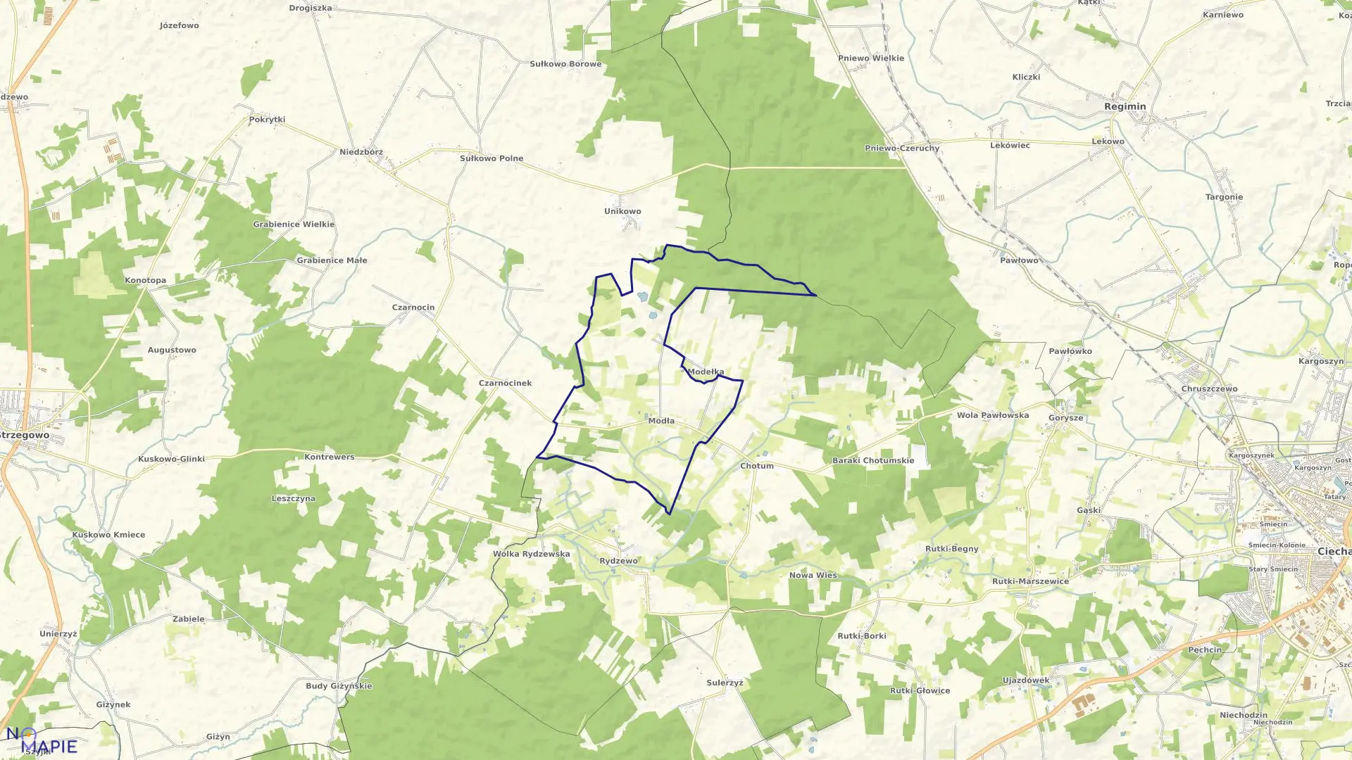 Mapa obrębu MODŁA w gminie Ciechanów